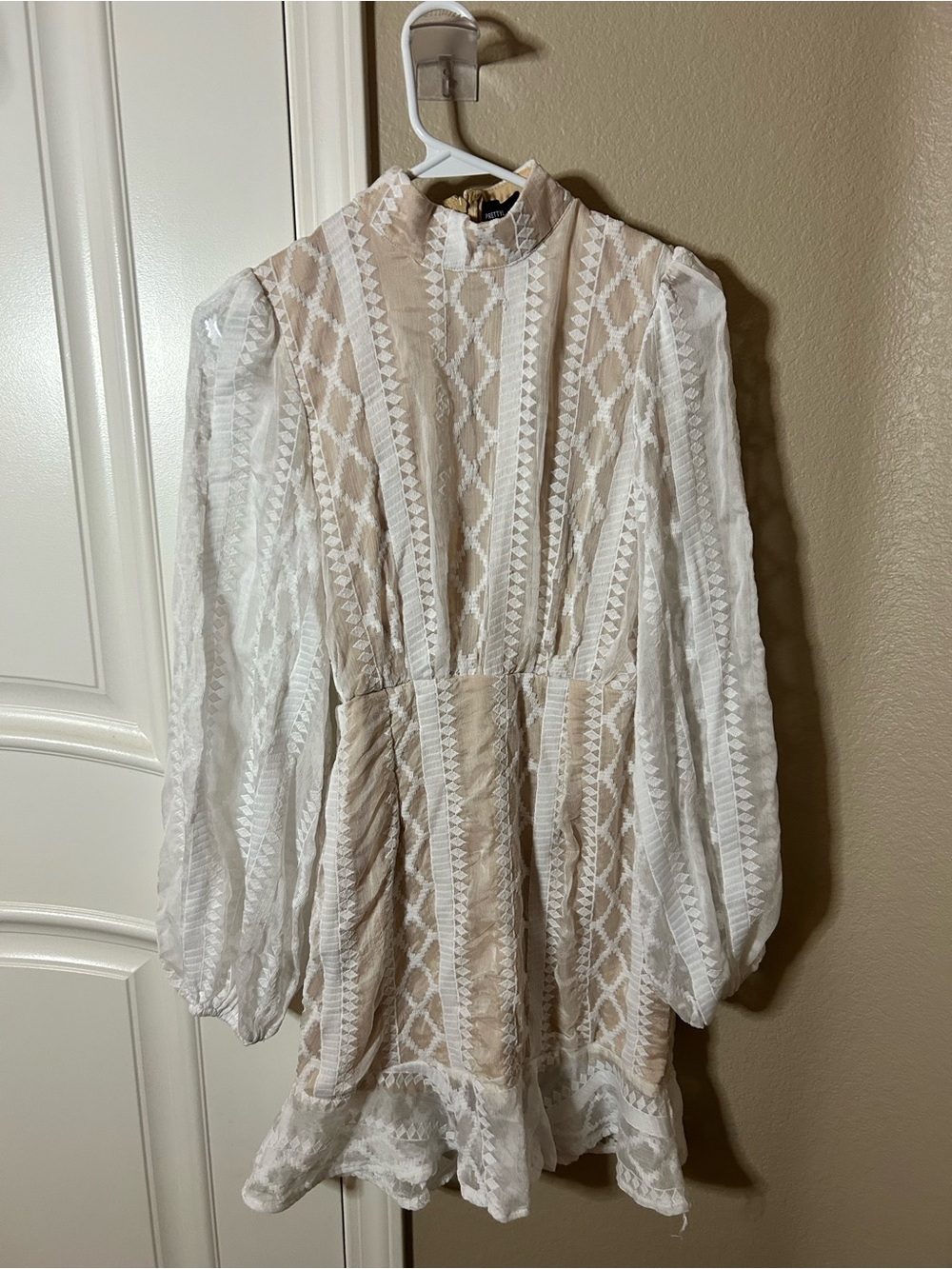 PrettyLittleThing Cream and White Lace Long-Sleeve Mini Dress